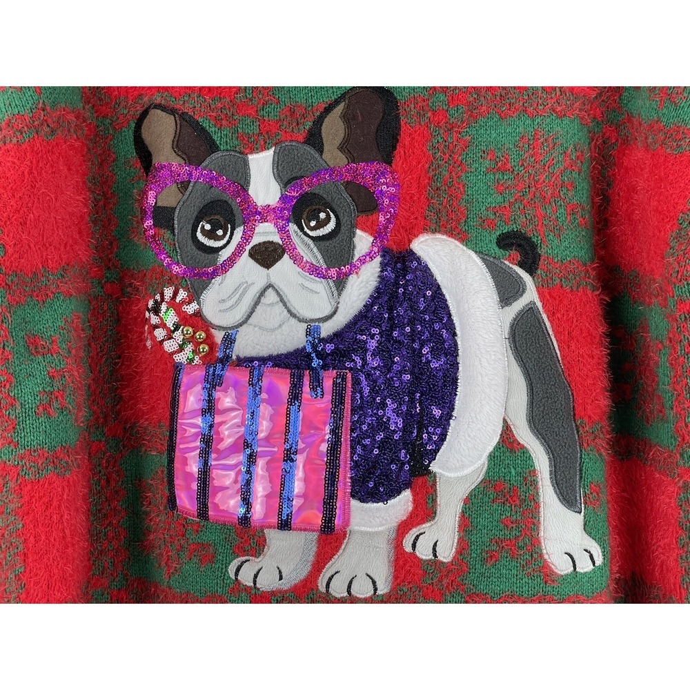 Holiday Time Ugly Christmas Sweater Womens 2X Sequins Dog Santa